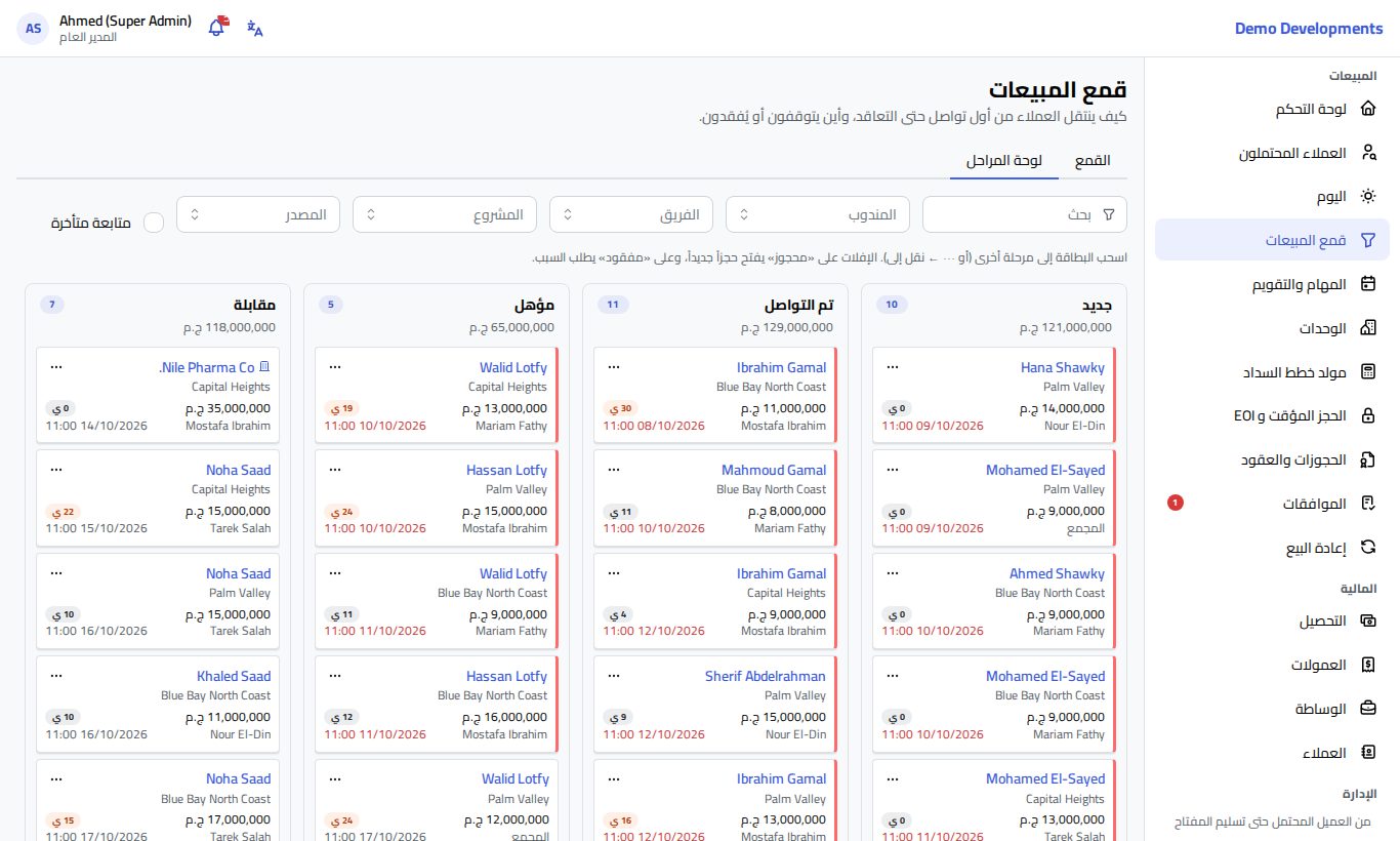 لوحة المراحل: بطاقات العملاء المحتملين في أعمدة حسب المرحلة