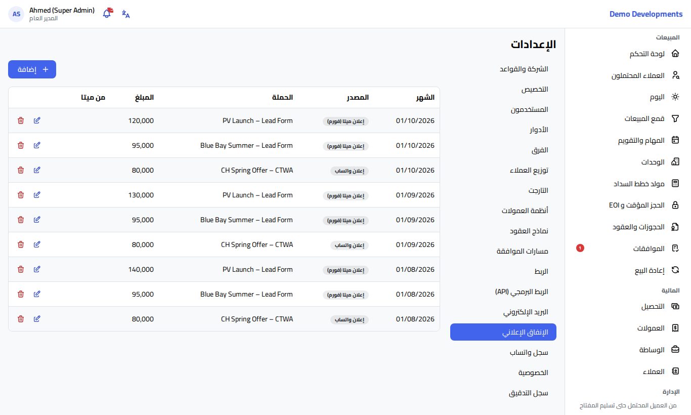 الإنفاق الإعلاني في الإعدادات