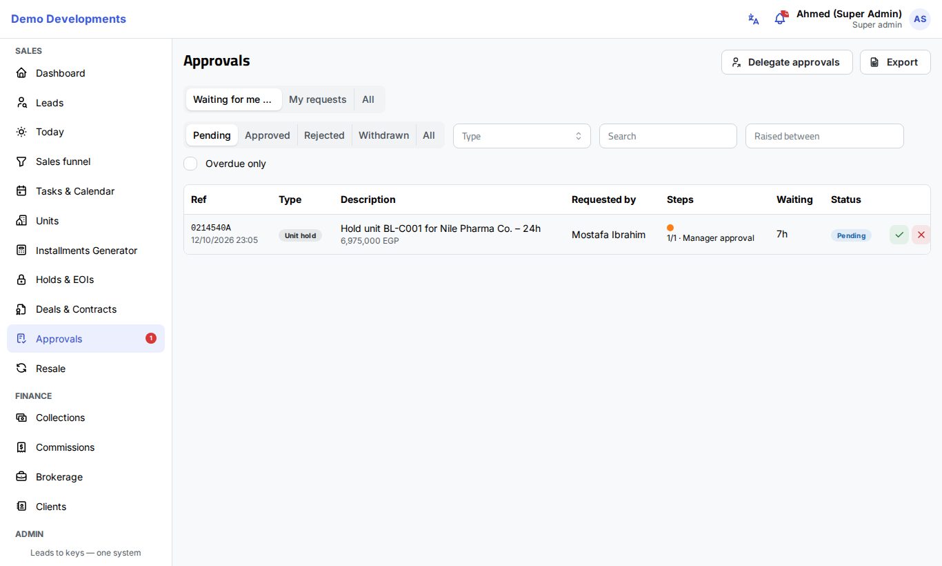 The Approvals page with the requests waiting for a decision