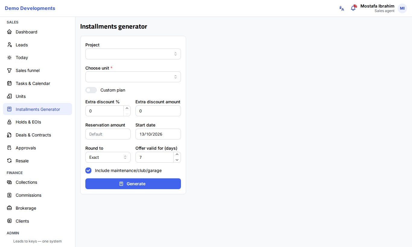 The Installments Generator with its inputs on the left