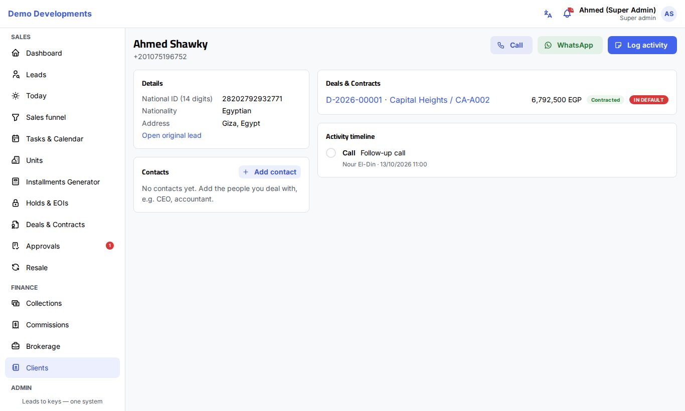A client page with details, contacts, deals and activity