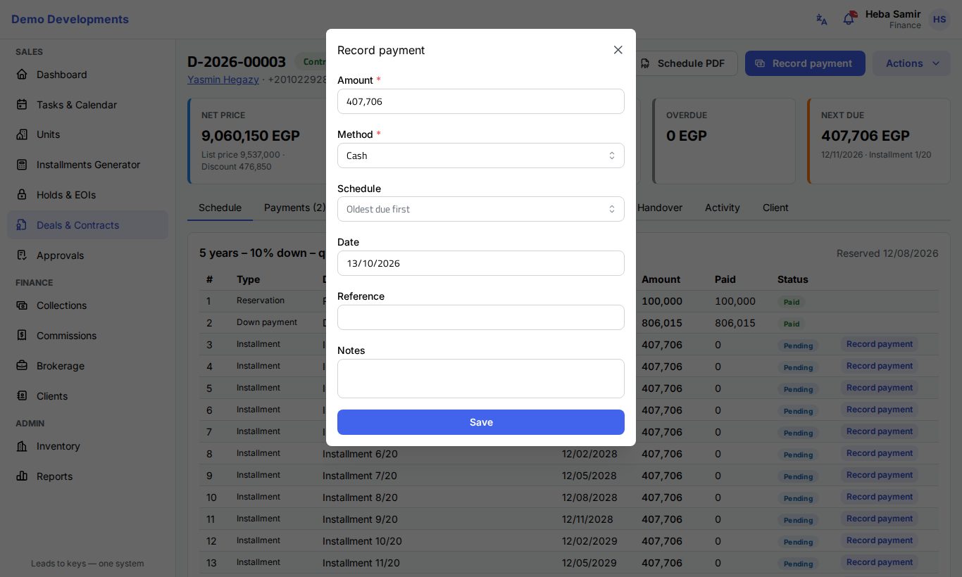 The Record payment window on a deal