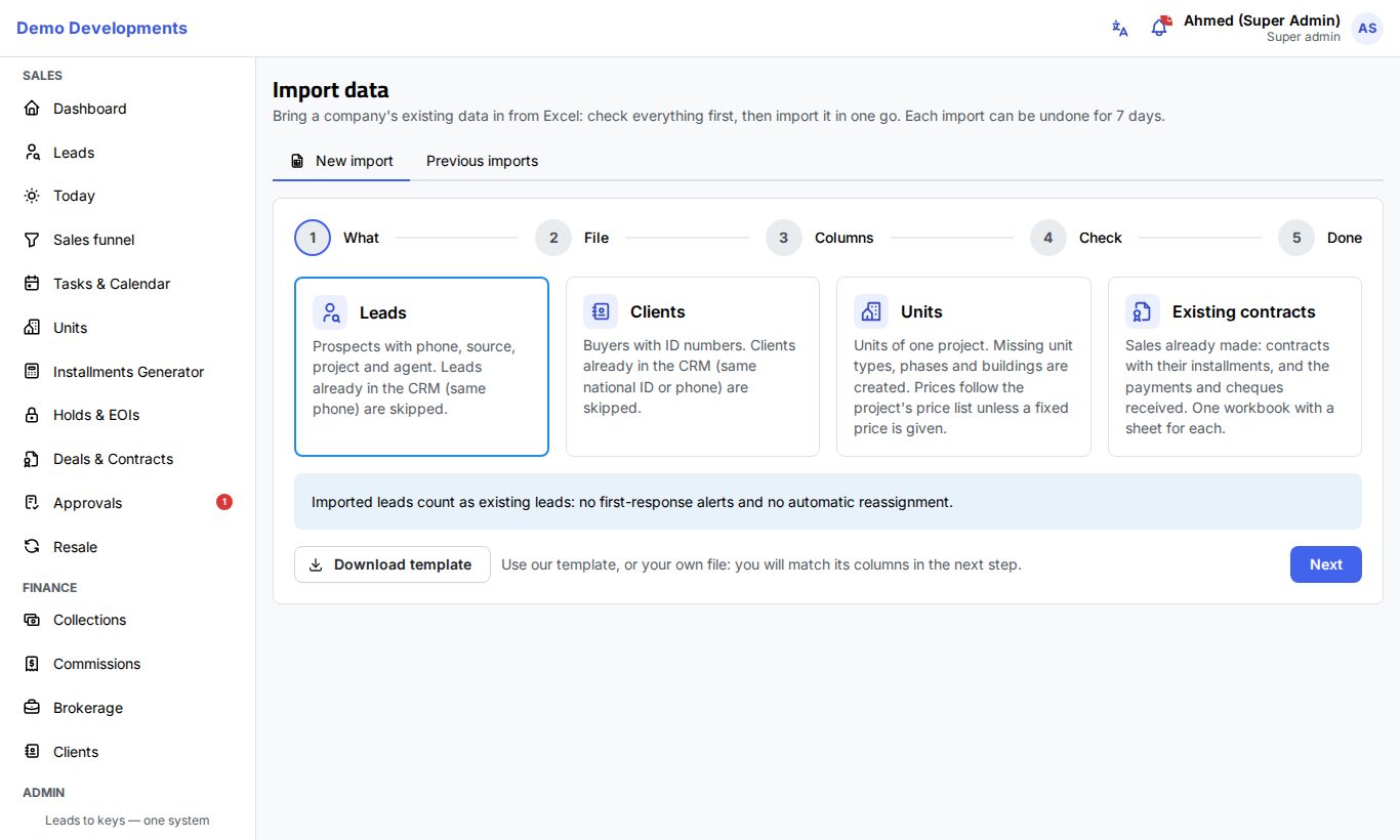 The Import data page