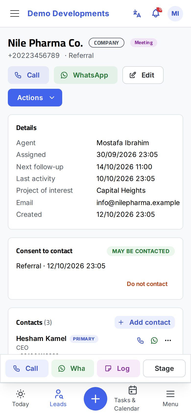 A lead page on a phone with the action bar at the bottom
