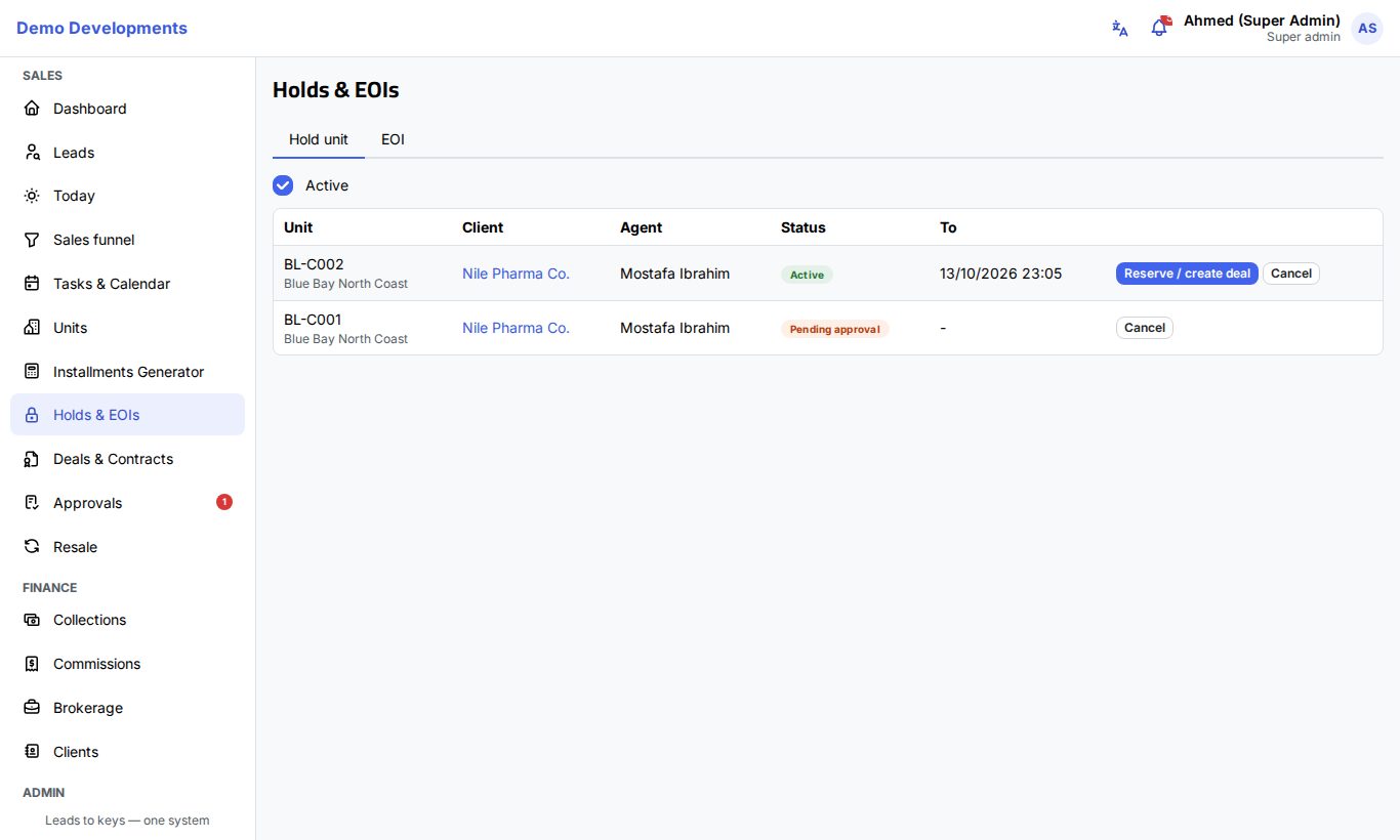 The Holds & EOIs page