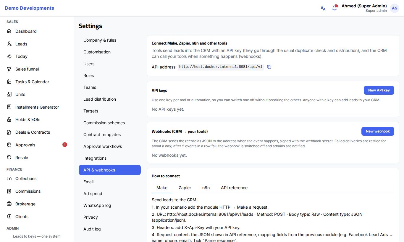 The API & webhooks page in Settings
