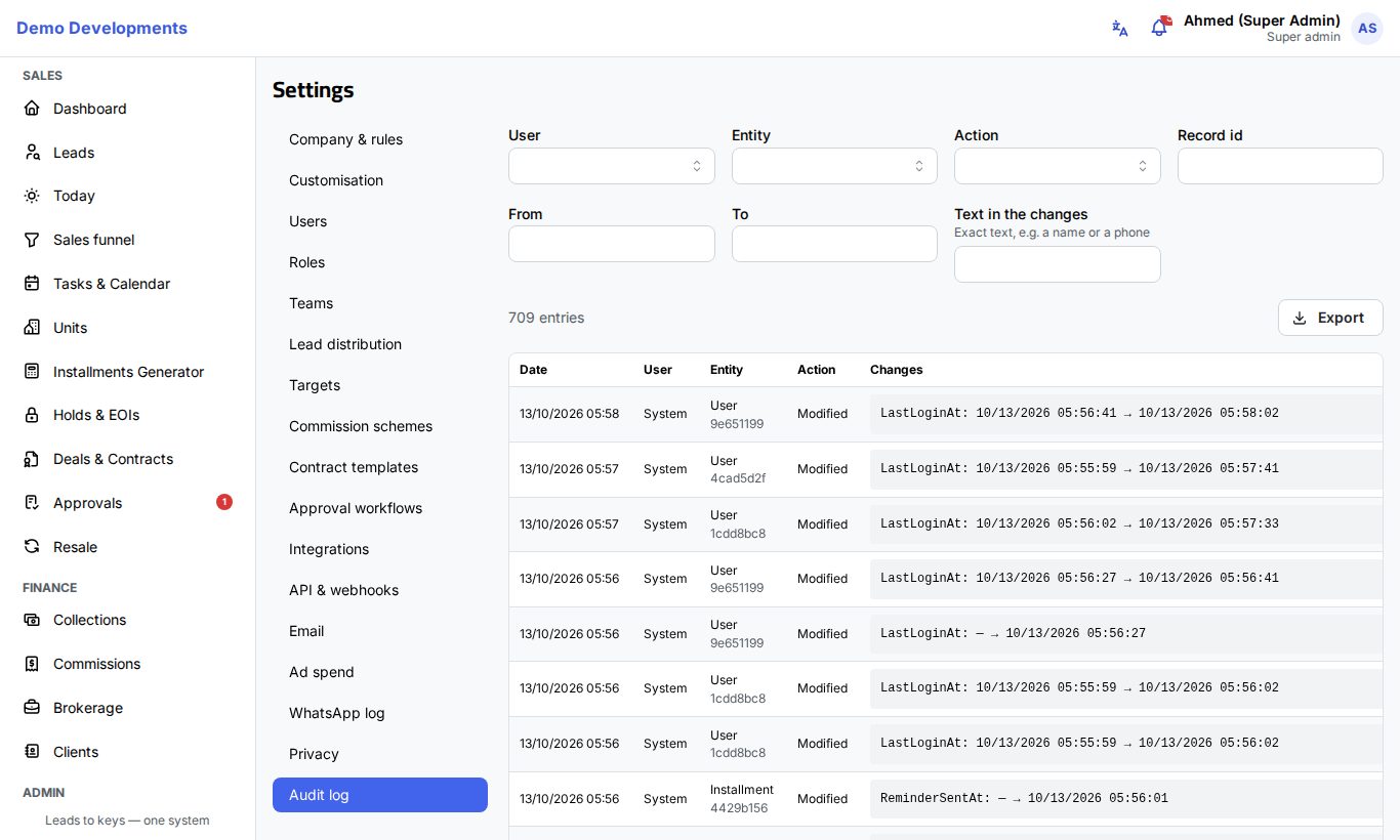 The Audit log page in Settings