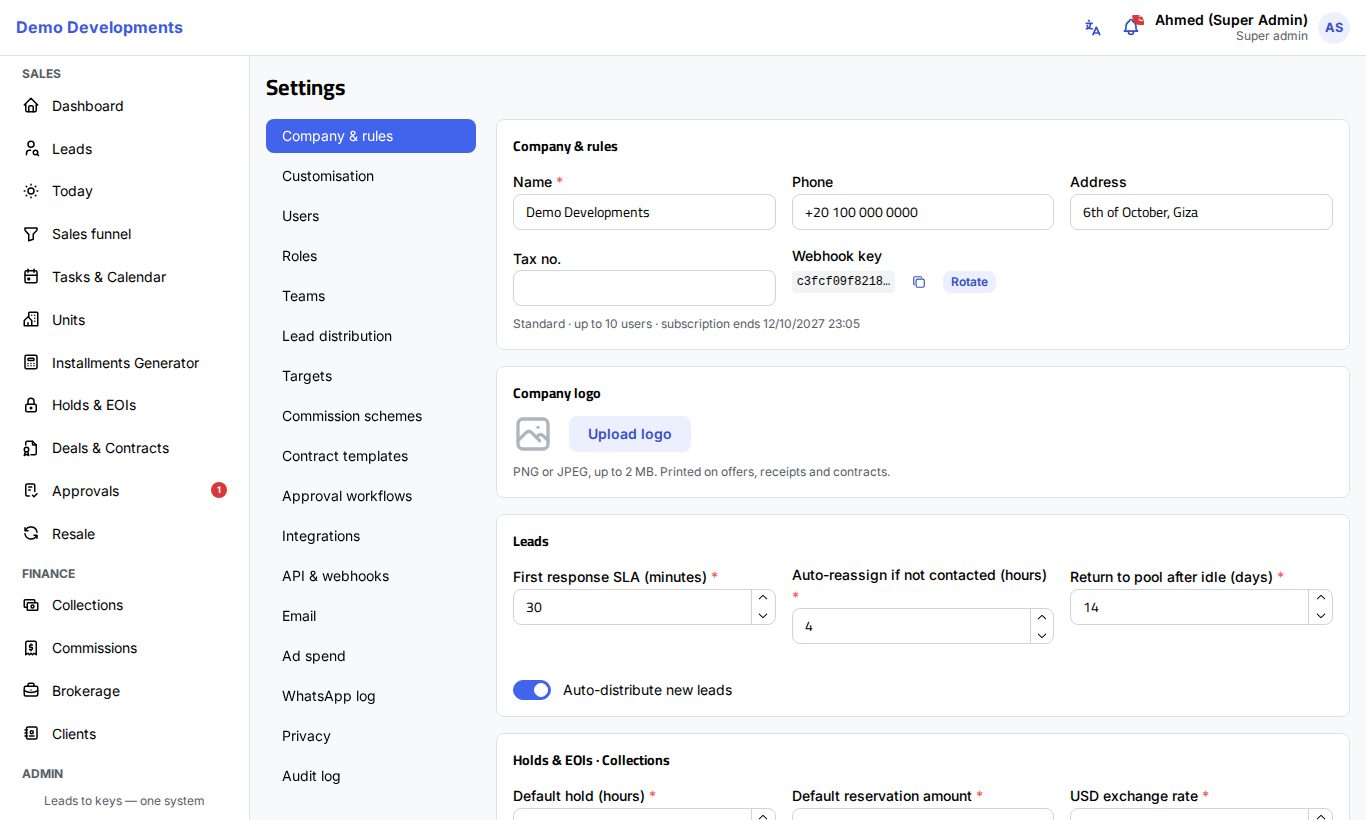 The Company & rules page in Settings