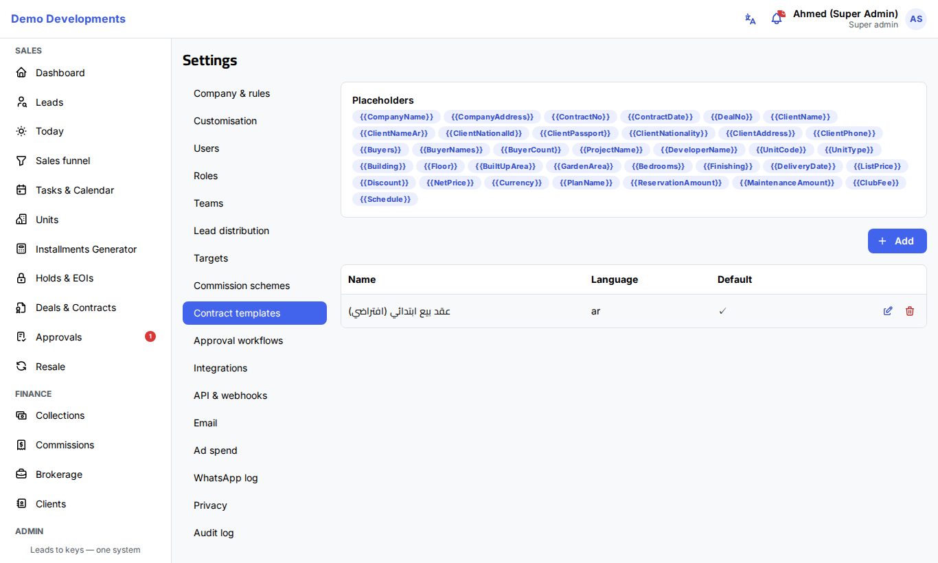 The Contract templates page in Settings