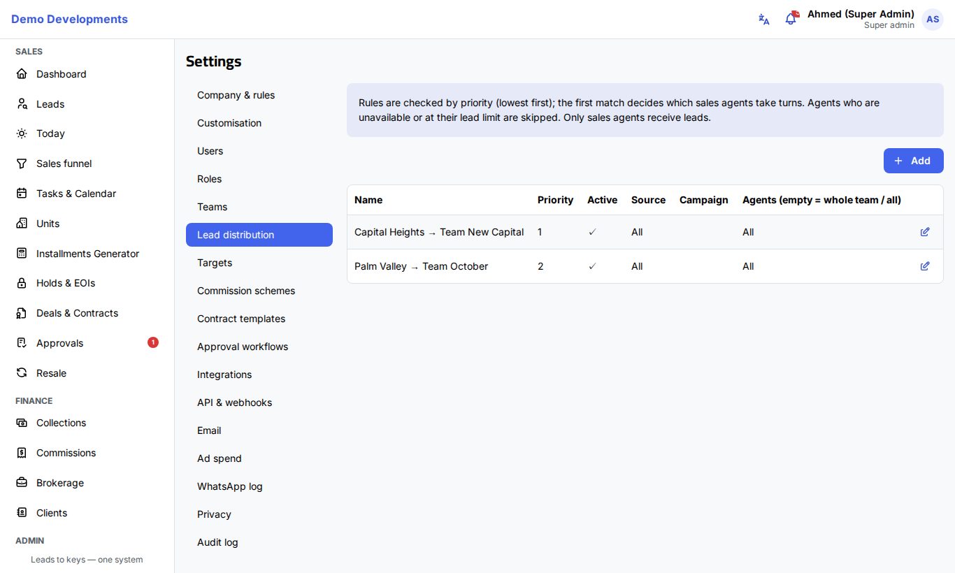 Lead distribution rules in Settings