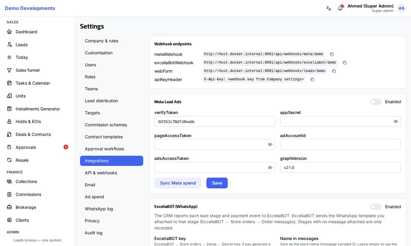 The Integrations page in Settings