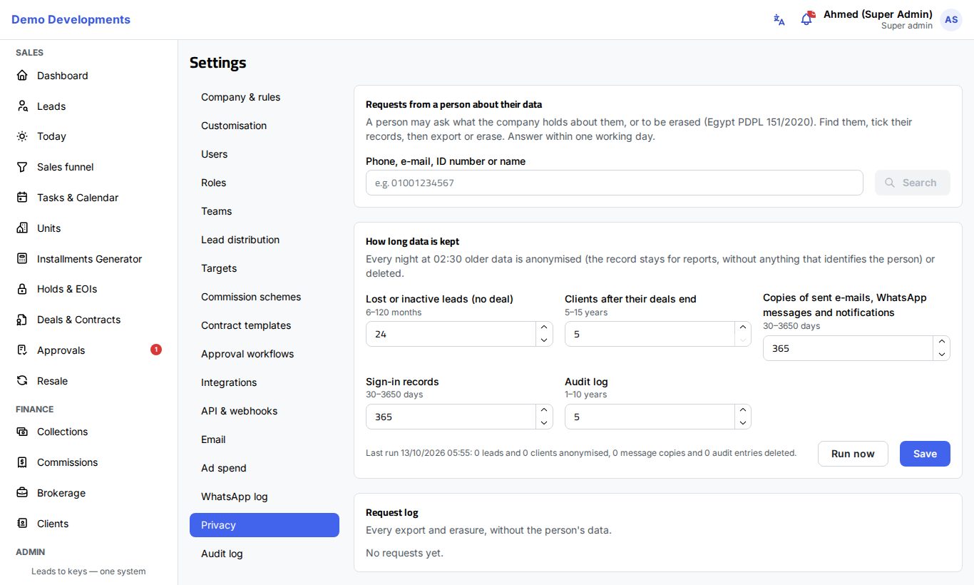 The Privacy page in Settings