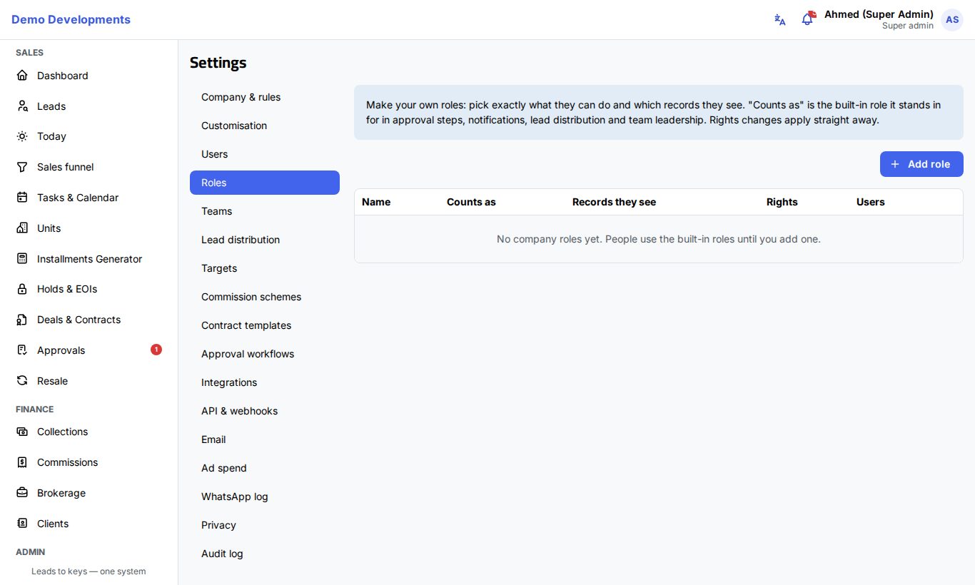 The Roles page in Settings