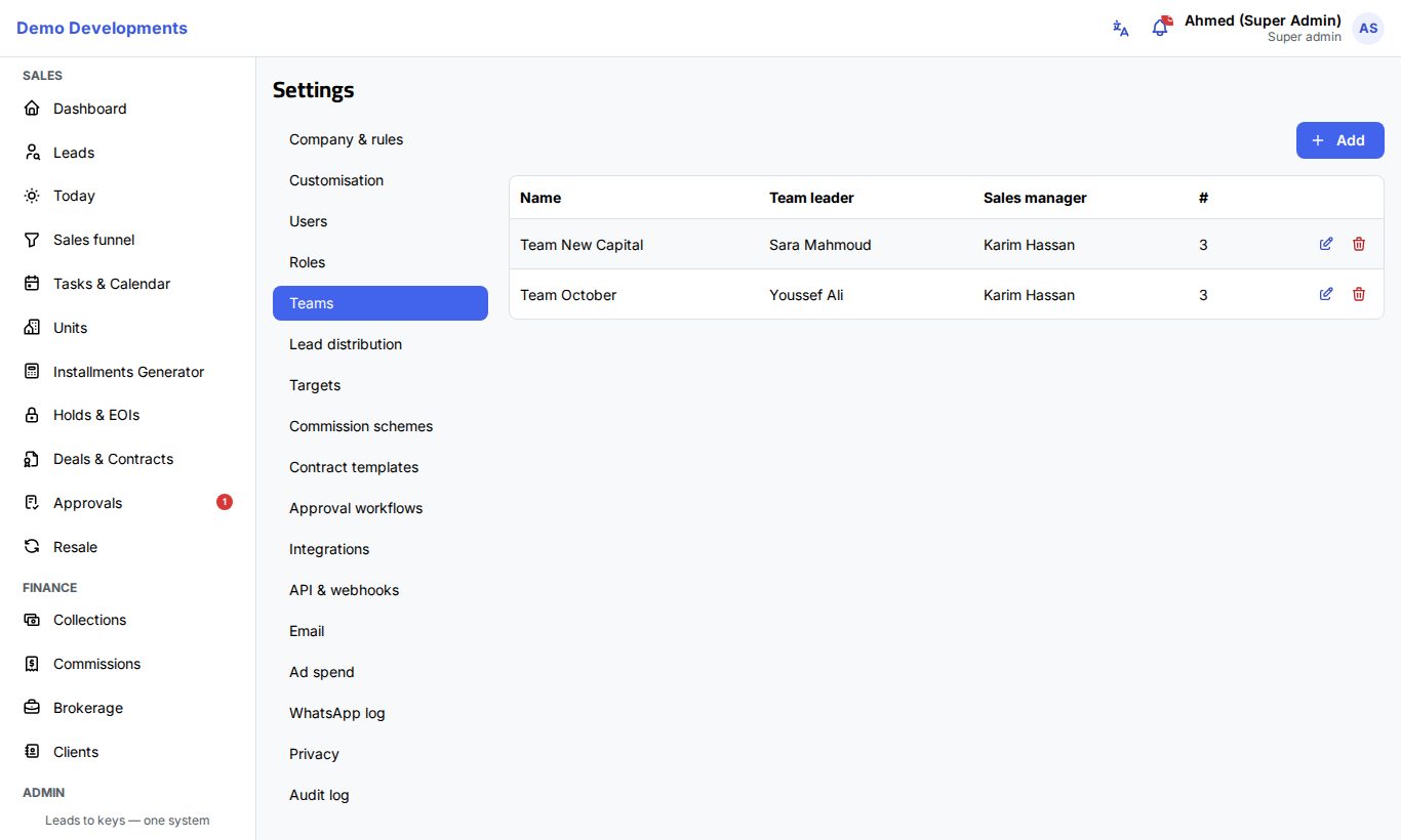 The Teams list in Settings