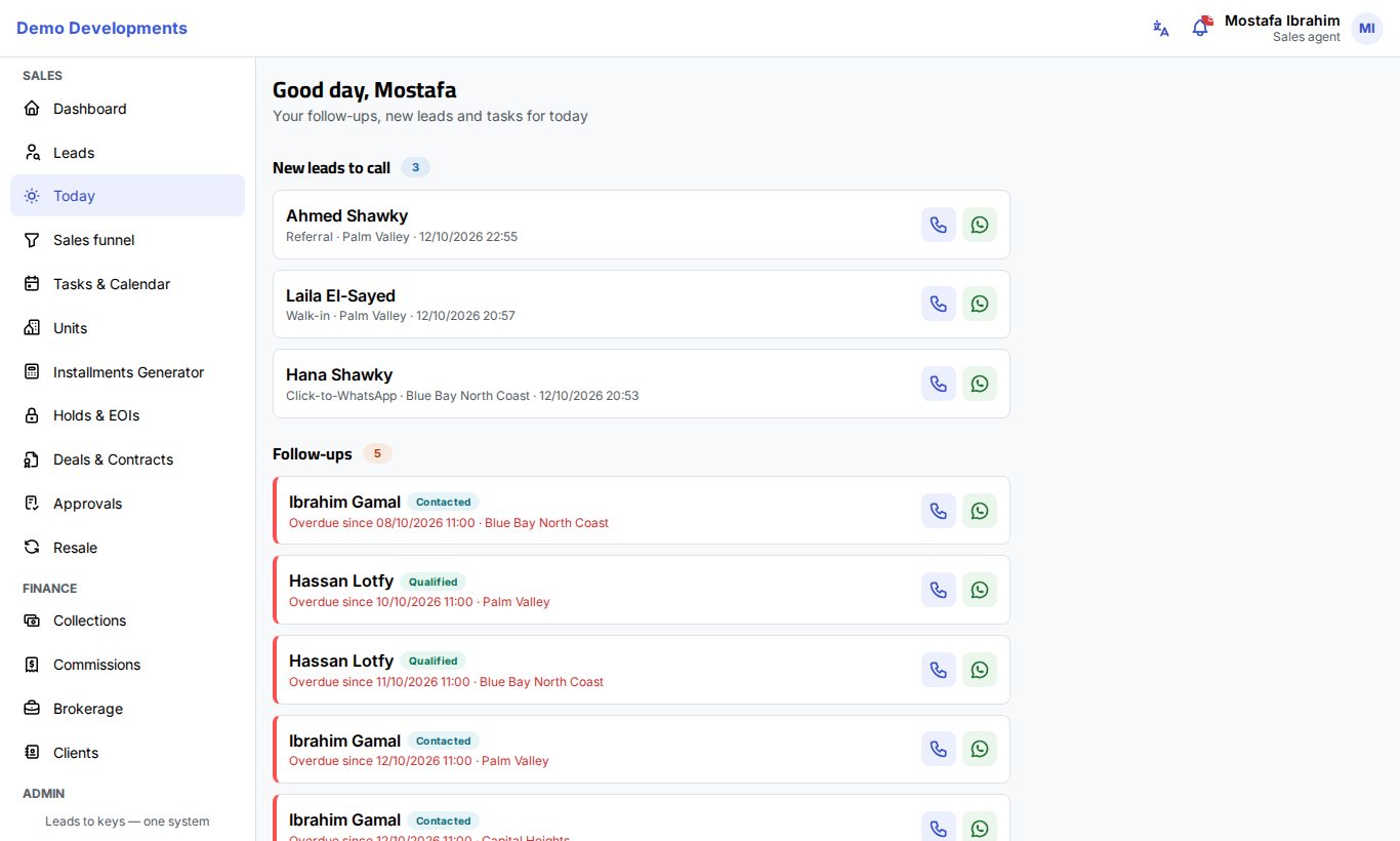 The Today page with new leads, follow-ups and tasks
